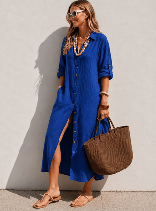 SHENNA Cobalt Blue Pure Linen Shirt Dress for Women | FABULOUS! Linen