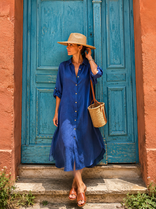 SHENNA Cobalt Blue Pure Linen Shirt Dress for Women | FABULOUS! Linen