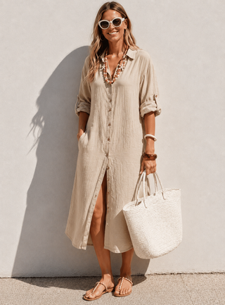 SHENNA Sand Beige Pure Linen Shirt Dress for Women | FABULOUS! Linen