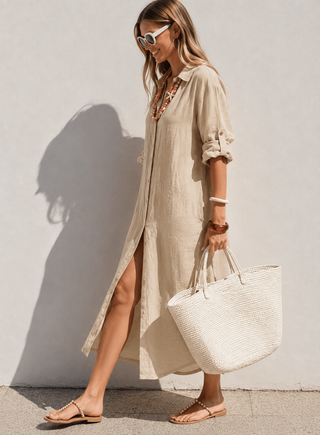 SHENNA Sand Beige Pure Linen Shirt Dress for Women | FABULOUS! Linen