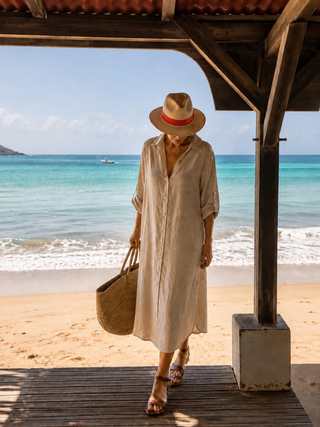 SHENNA Sand Beige Pure Linen Shirt Dress for Women | FABULOUS! Linen