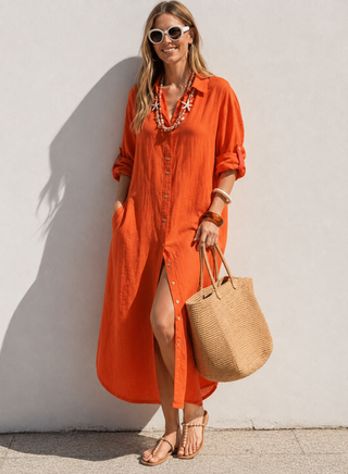 SHENNA Sunlit Orange Pure Linen Shirt Dress for Women | FABULOUS! Linen