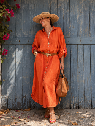 SHENNA Sunlit Orange Pure Linen Shirt Dress for Women | FABULOUS! Linen
