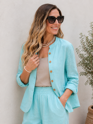 SOPHIA Aqua Blue Pure Linen Jacket for Women | Handmade Wooden Buttons | FABULOUS! Linen
