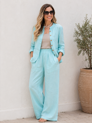 SOPHIA Aqua Blue Pure Linen Jacket for Women | Handmade Wooden Buttons | FABULOUS! Linen