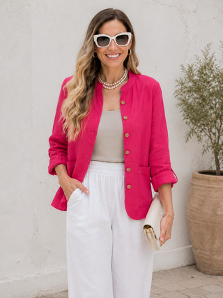 SOPHIA Fuchsia Pure Linen Jacket for Women | Handmade Wooden Buttons | FABULOUS! Linen