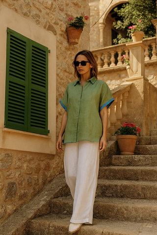 Viva-Premium Moss Green Linen Cap Sleeve Shirt with Contrast Trim