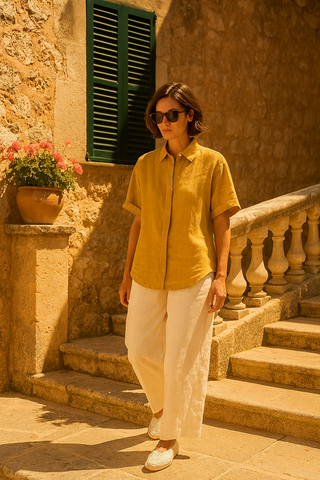 Viva-Premium Mustard Linen Cap Sleeve Shirt – Minimalist Luxury Summer Shirt