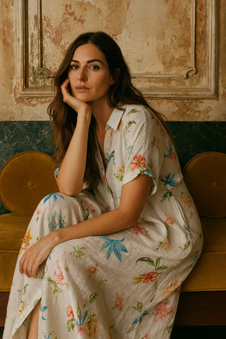 OMERALA SHACKET PURE NATURAL LINEN FLORAVINE DRESS P C Crafts