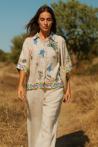 MEDITERRANEAN PREMIUM LINEN BLEND CLASSIC EMBROIDERED CO-ORD SET