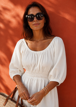 SOLEIL Premium Linen Dress –White | Elegant Smocked Linen Midi Dress for Women | FABULOUS! Linen