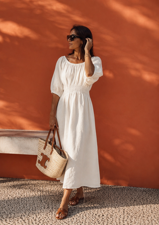 SOLEIL Premium Linen Dress –White | Elegant Smocked Linen Midi Dress for Women | FABULOUS! Linen