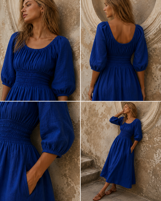 SOLEIL Premium Soleil Linen Dress – Cobalt Blue | Elegant Smocked Linen Midi Dress for Women | FABULOUS! Linen
