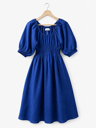 SOLEIL Premium Soleil Linen Dress – Cobalt Blue | Elegant Smocked Linen Midi Dress for Women | FABULOUS! Linen