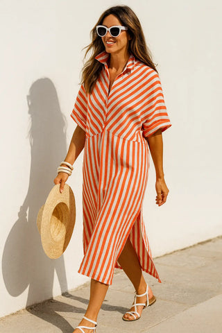 OMERALA SHACKET PURE NATURAL LINEN STRIPED SUNSET DRESS P C Crafts