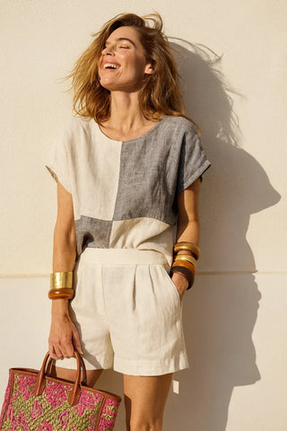 VESALA PURE NATURAL LINEN COLOR BLOCK OVERSIZED TUNIC P C Crafts