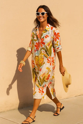 ROVA SHACKET PURE NATURAL LINEN TROPICAL FLORAL DRESS P C Crafts