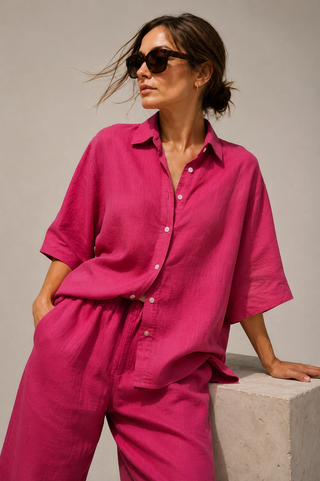 TESSERE Fuchsia Short Sleeve Linen Shirt for Women | Premium Washed & Pre-Shrunk Linen Shirt | FABULOUS! Linen