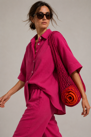 TESSERE Fuchsia Short Sleeve Linen Shirt for Women | Premium Washed & Pre-Shrunk Linen Shirt | FABULOUS! Linen