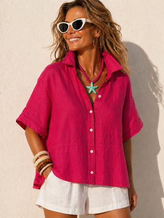 Premium Linen Washed and Pre Shrunk Short Sleeve Women Shirt - Fuchsia