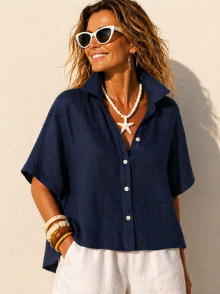 Premium Linen Washed and Pre Shrunk Short Sleeve Women Shirt - Navy Blue