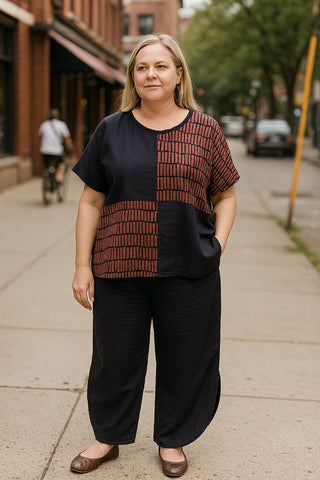 Deep Plum Linen Co-Ord Set for Women – Abstract Patchwork Top & Relaxed Fit Pants