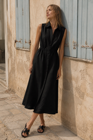black linen dress ANA Premium Linen Dress – Black | Elegant Sleeveless Linen Dress for Women