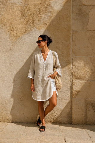 ANGELA Sand Beige Linen Dress for Women | Premium Washed & Pre-Shrunk Pure Linen Dress | FABULOUS! Linen