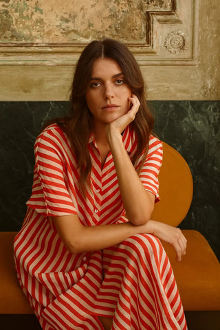 OMERALA SHACKET PURE NATURAL LINEN STRIPED SUNSET DRESS P C Crafts