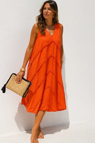 CHEVRON Sunlit Orange Linen Dress for Women | Premium Washed & Pre-Shrunk Pure Linen Dress | FABULOUS! Linen