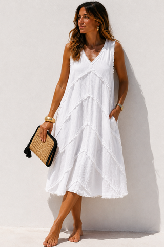 CHEVRON White Linen Dress for Women | Premium Washed & Pre-Shrunk Pure Linen Dress | FABULOUS! Linen