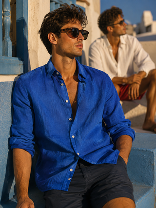 Riviera Men Cobalt Blue Linen Shirt | Premium Washed & Pre-Shrunk Pure Linen Shirt for Men | FABULOUS! Linen