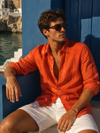 Riviera Men Sunlit Orange Linen Shirt | Premium Washed & Pre-Shrunk Pure Linen Shirt for Men | FABULOUS! Linen