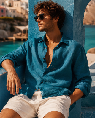 Riviera Men Teal Blue Linen Shirt | Premium Washed & Pre-Shrunk Pure Linen Shirt for Men | FABULOUS! Linen