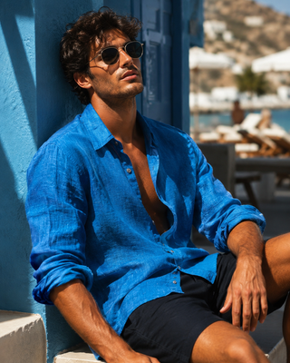 Riviera Men Azure Blue Linen Shirt | Premium Washed & Pre-Shrunk Pure Linen Shirt for Men | FABULOUS! Linen