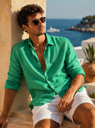 Riviera Men Mediterranean Green Linen Shirt | Premium Washed & Pre-Shrunk Pure Linen Shirt for Men | FABULOUS! Linen