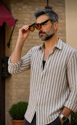 Riviera Men Sand & Indigo Striped Linen Shirt | Premium Washed & Pre-Shrunk Pure Linen Shirt for Men | FABULOUS! Linen
