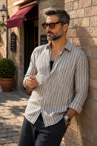 Riviera Men Sand & Indigo Striped Linen Shirt | Premium Washed & Pre-Shrunk Pure Linen Shirt for Men | FABULOUS! Linen
