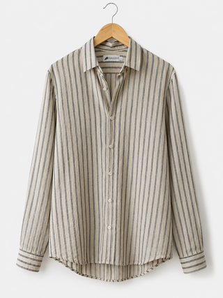 Riviera Men Sand & Indigo Striped Linen Shirt | Premium Washed & Pre-Shrunk Pure Linen Shirt for Men | FABULOUS! Linen