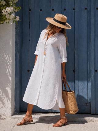 SHENNA White Linen Shirt Dress for Women | Premium Washed & Pre-Shrunk Pure Linen Dress | FABULOUS! Linen
