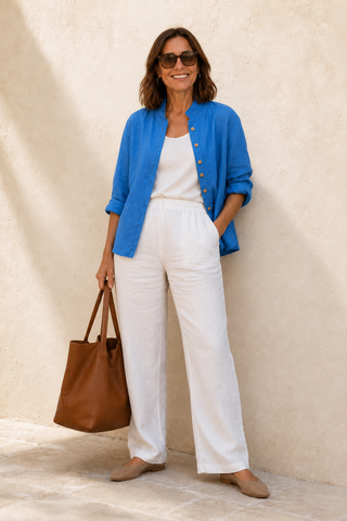 SOPHIA Azure Blue Pure Linen Jacket for Women | Handmade Wooden Buttons | FABULOUS! Linen