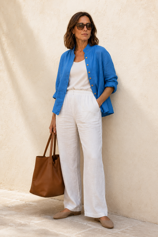 SOPHIA Azure Blue Pure Linen Jacket for Women | Handmade Wooden Buttons | FABULOUS! Linen