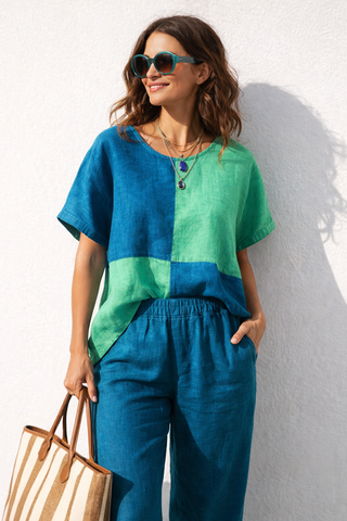 VESALA Luxe Pure Natural Linen Tunic with Pant Co-Ord Set – Mediterrean Green & Teal